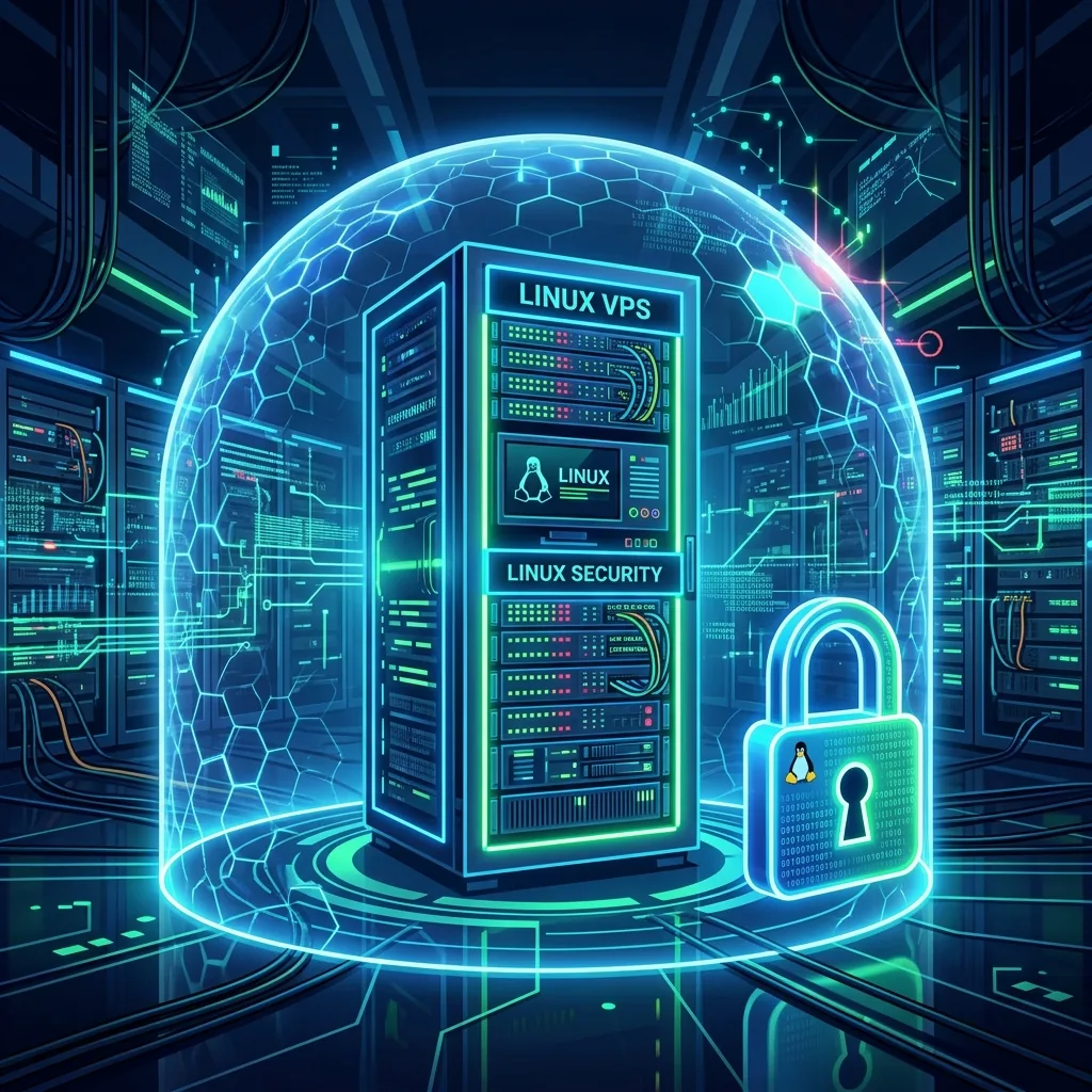 Minh họa khái niệm bảo vệ và bảo mật VPS Linux toàn diện