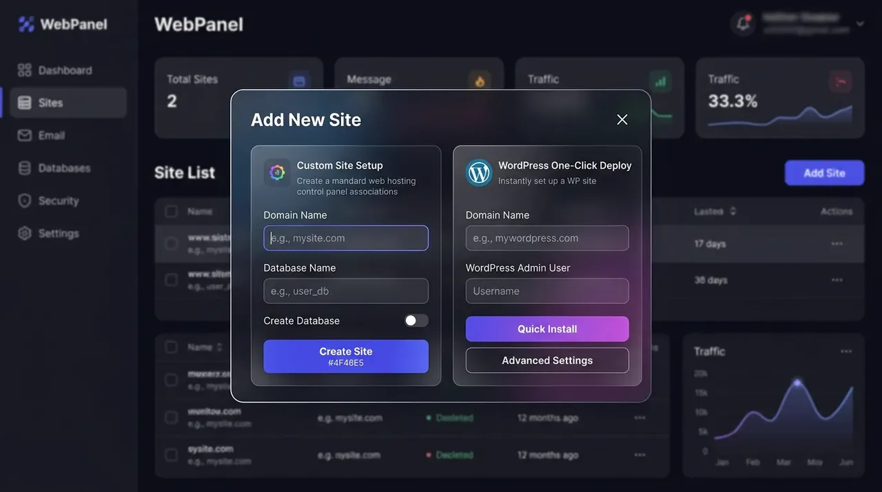 Cửa sổ Add site và WordPress deploy trong aaPanel