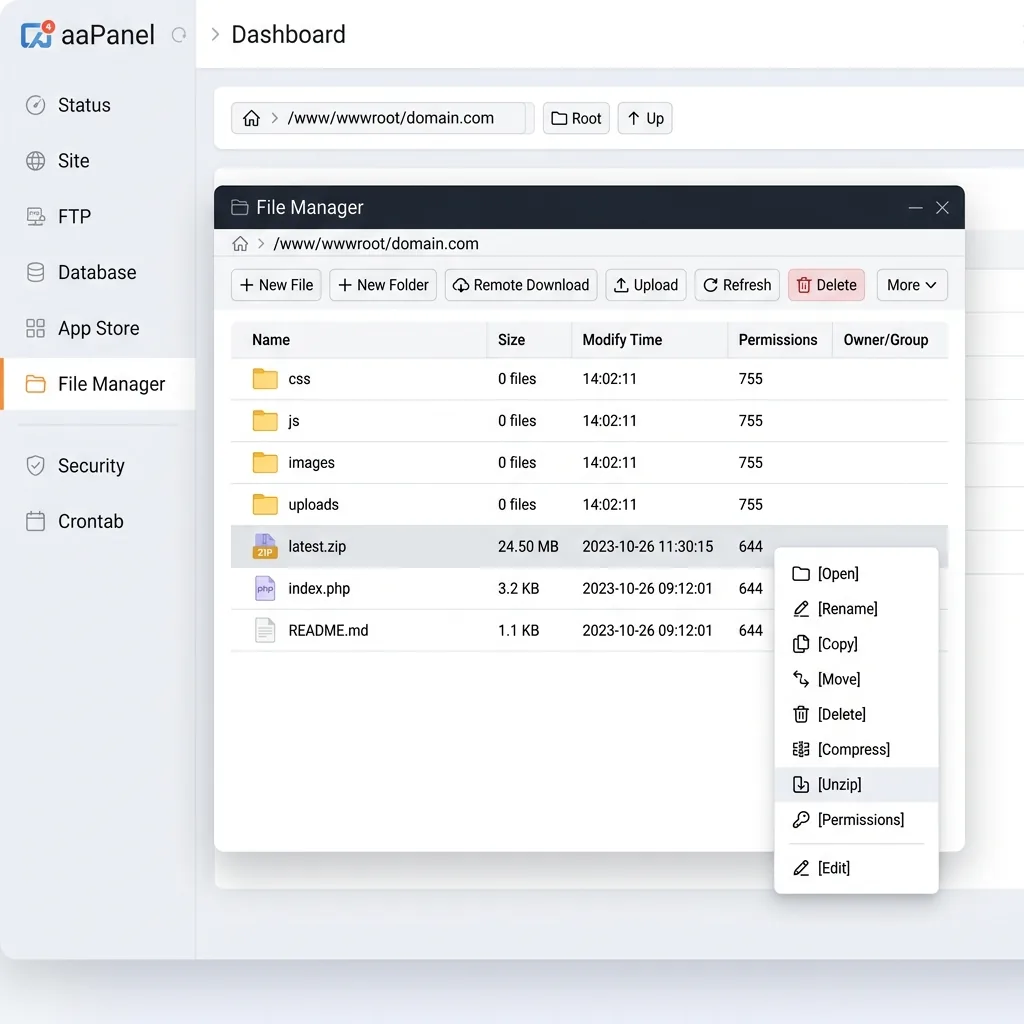 Giao diện File Manager của aaPanel với chức năng Remote Download và Unzip