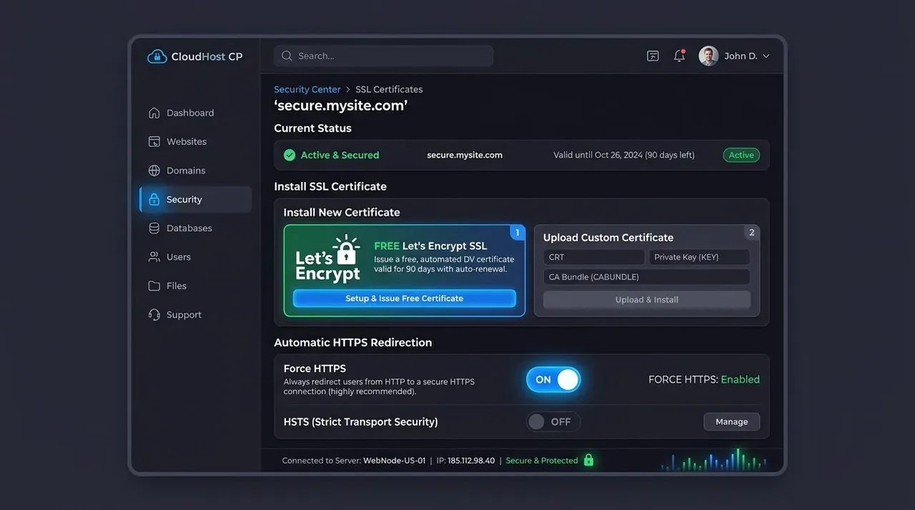 Khu vực cấu hình chứng chỉ SSL Let's Encrypt trên aaPanel