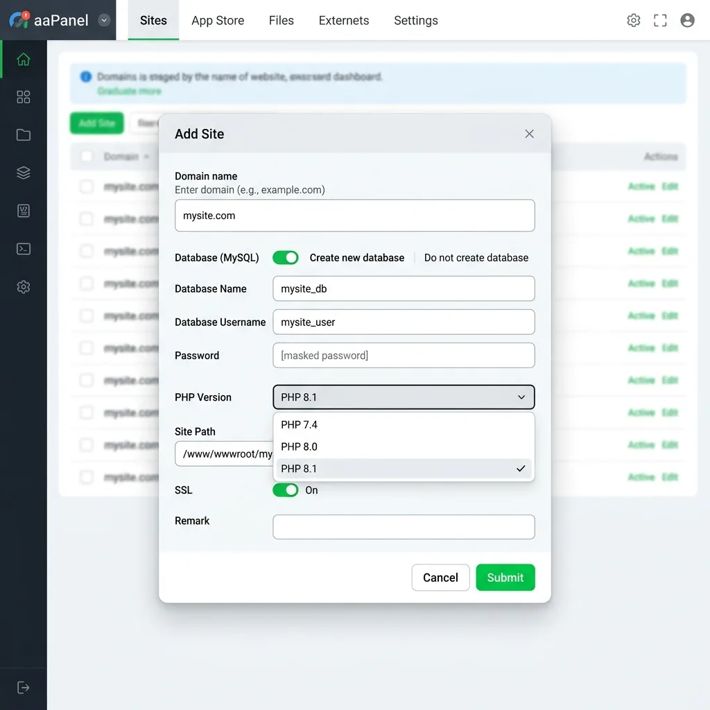 Điền thông tin Add Site trên aaPanel để thêm website mới