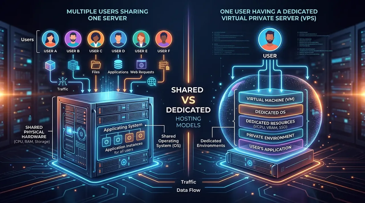 Mô hình hoạt động của Shared Hosting so với Virtual Private Server